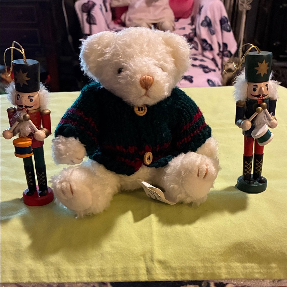 White Teddy Bear with Green Sweater and Nutcracker Ornaments